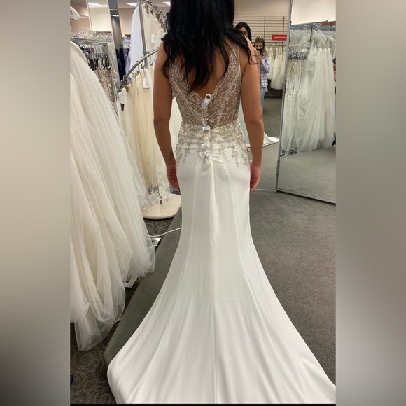 Sheer Plunge Beaded Corset Crepe Wedding Dress - Picture 2 of 7